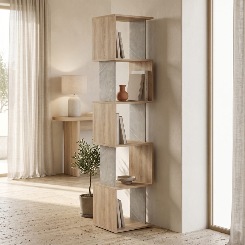 Βιβλιοθήκη Cubik Pakoworld Sonoma- Γκρι Μπεζ Οψη Μαρμάρου 35X30X161Εκ