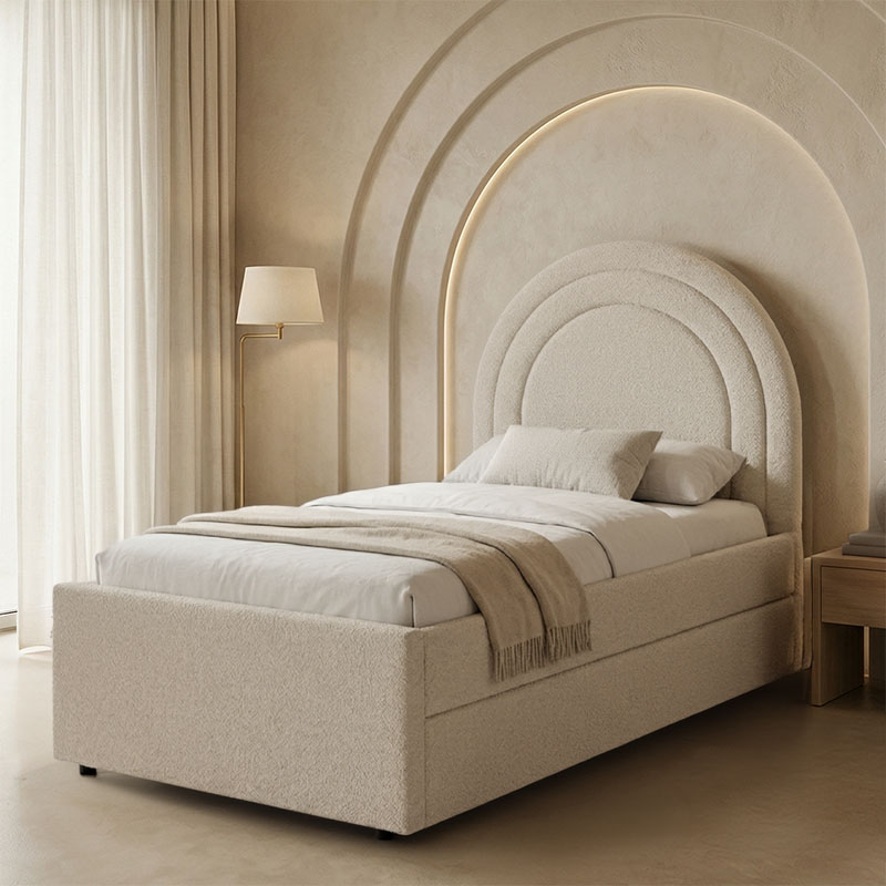Κρεβάτι Arcuate Pakoworld Μπουκλέ Υφασμα Μπεζ Με Συρόμενο 90X200Εκ