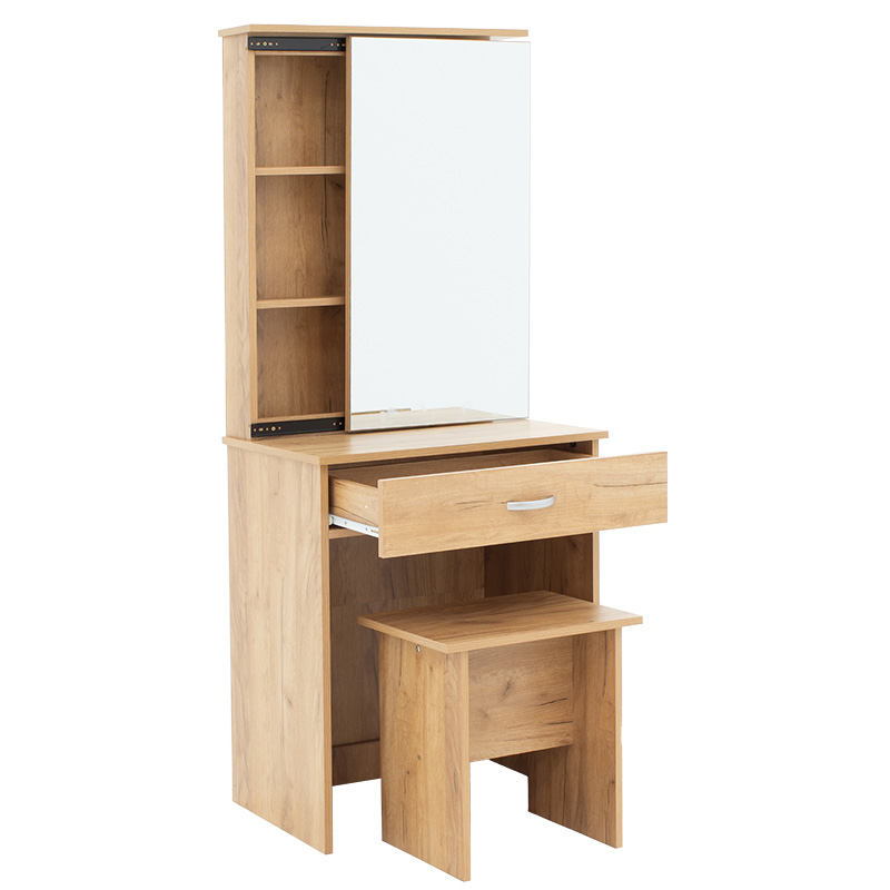 Τουαλέτα Κρεβατοκάμαρας Zelia Pakoworld Με Καθρέπτη Και Σκαμπό Χρώμα Oak 60X40.5X151Εκ
