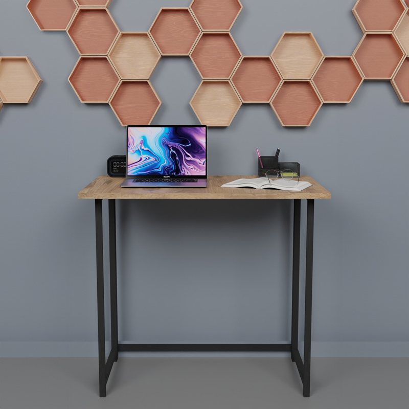 Γραφείο Εργασίας Τοίχου Πτυσσόμενο Thox Pakoworld Oak Μελαμίνης-Μαύρο Μέταλλο 80X50X72Εκ