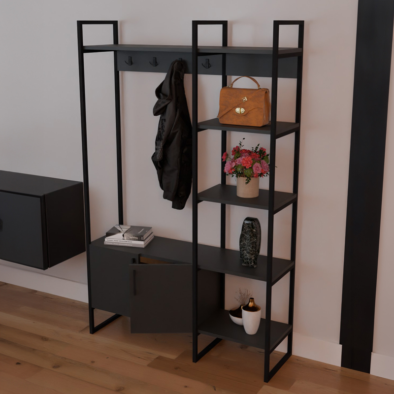 Έπιπλο Εισόδου Thoj Pakoworld Ανθρακί Μελαμίνης-Μαύρο Μέταλλο 120X34X180Εκ