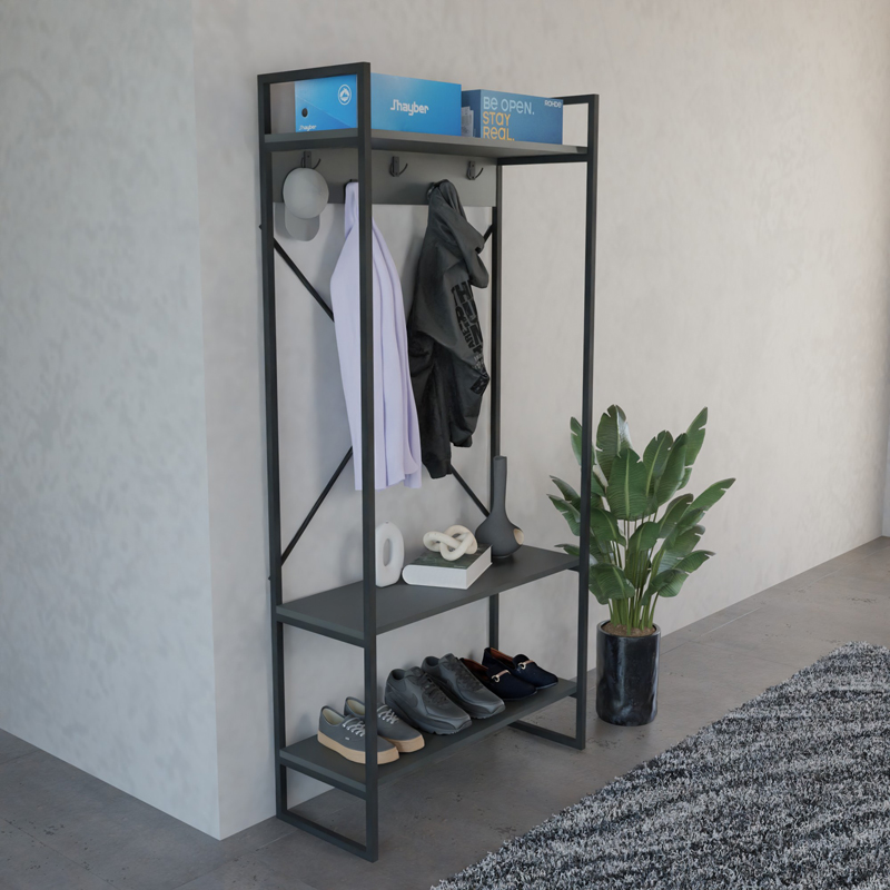 Έπιπλο Εισόδου Levento Pakoworld Ανθρακί Με Μαύρο Μεταλλικό Σκελετό 88X34X180Εκ