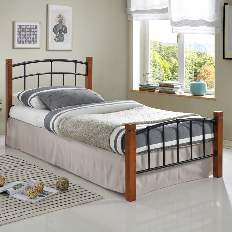 Κρεβάτι Mandy Pakoworld Ξύλο Σε Καρυδί Απόχρωση-Μαύρο Μέταλλο 90X190Εκ
