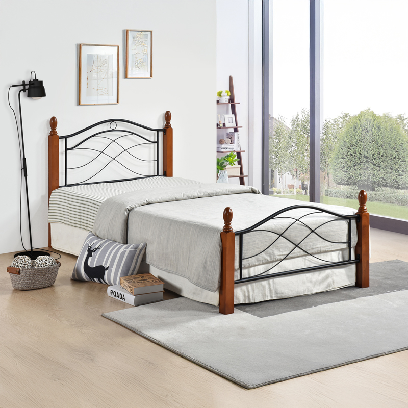 Κρεβάτι Polanian Pakoworld Ξύλο Rubberwood Σε Καρυδί Απόχρωση-Μαύρο Μέταλλο 150X200Εκ