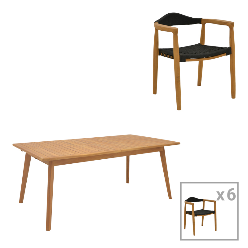 Τραπεζαρία 7 Τεμ. Ganny-Pino Pakoworld Teak Ξύλο Σε Φυσική - Μαυρη Απόχρωση 180/240X100X75Εκ