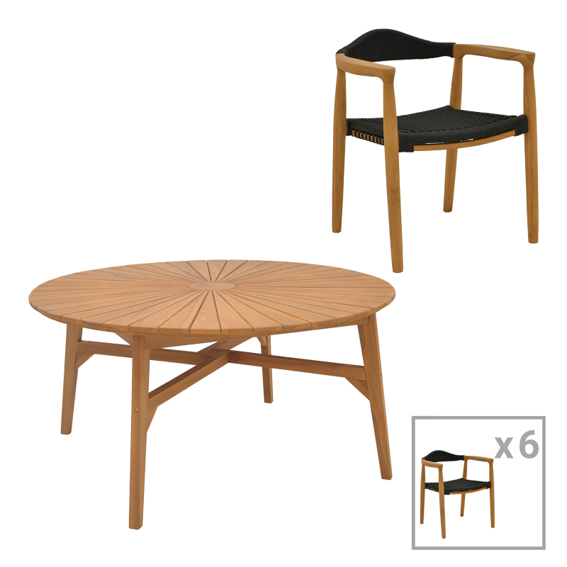 Τραπεζαρία 7Τεμ. Ganny-Colen Pakoworld Teak Ξύλο Σε Φυσική-Μαυρη Απόχρωση Φ150X75Εκ