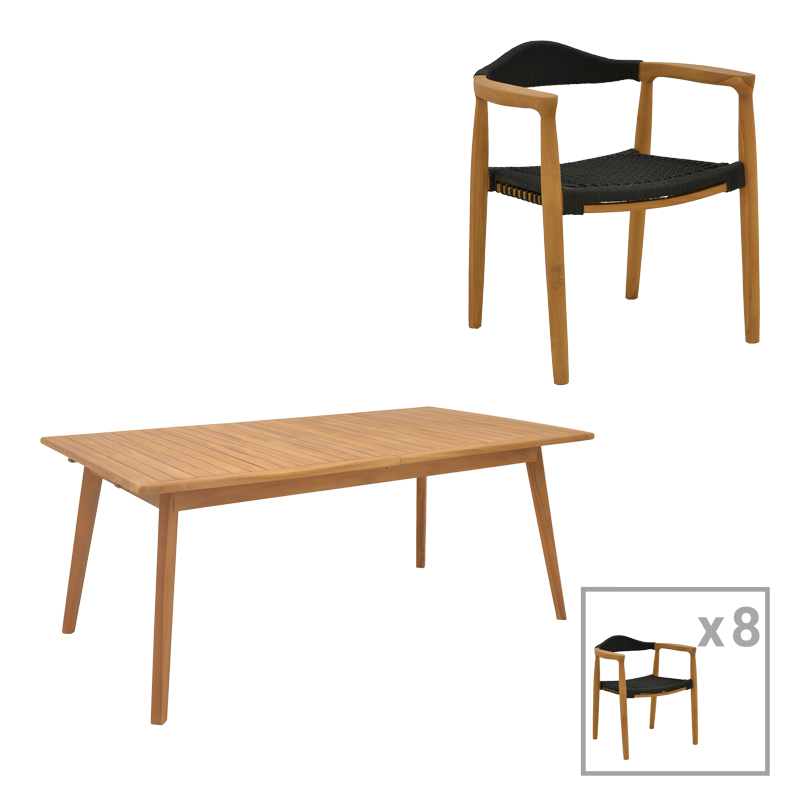 Τραπεζαρία 9 Τεμ. Ganny-Pino Pakoworld Teak Ξύλο Σε Φυσική - Μαυρη Απόχρωση 180/240X100X75Εκ