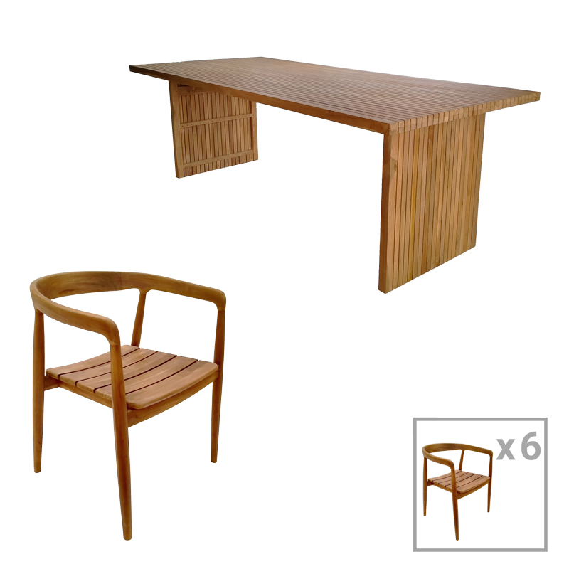 Τραπεζαρία 7Τεμ.noody-Zibra Pakoworld Teak Ξύλο Σε Φυσική Απόχρωση 220X100X75Εκ