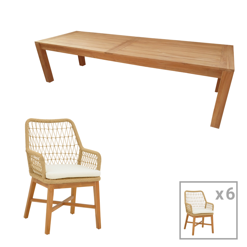 Τραπεζαρία 7Τεμ Elaiza-Pablo Pakoworld Teak Ξύλο Σε Φυσική-Μπεζ Απόχρωση 240X100X76Εκ