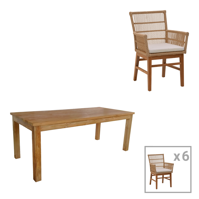 Τραπεζαρία Inca-Wooly Pakoworld Σετ 7Τεμ Σε Φυσική-Μπεζ Απόχρωση 220X90X75Εκ