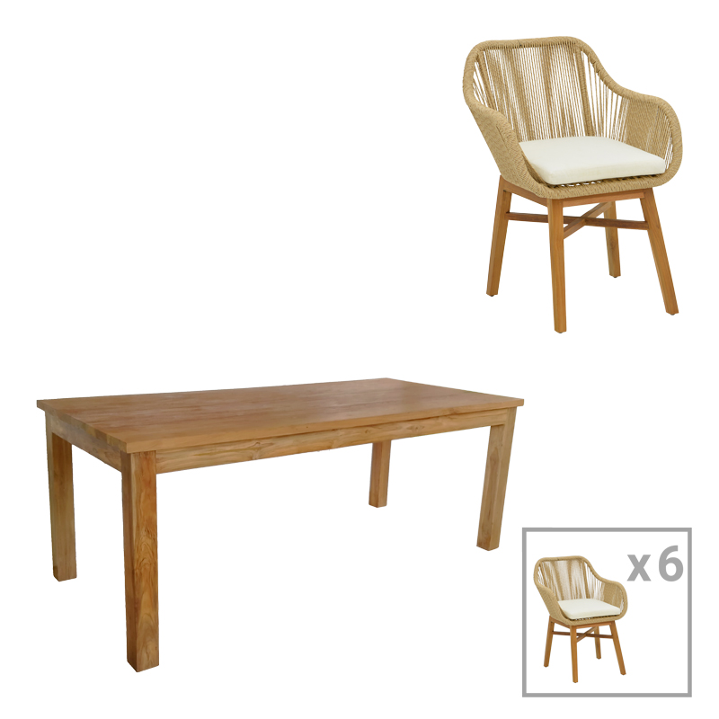 Τραπεζαρία Kalie-Wooly Pakoworld Σετ 7Τεμ Σε Φυσική-Μπεζ Απόχρωση 220X90X75Εκ