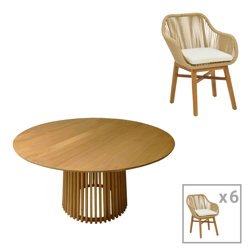 Τραπεζαρία Kalie-Kenda Pakoworld Σετ 7Τεμ Σε Φυσική-Μπεζ Απόχρωση Φ150X75Εκ