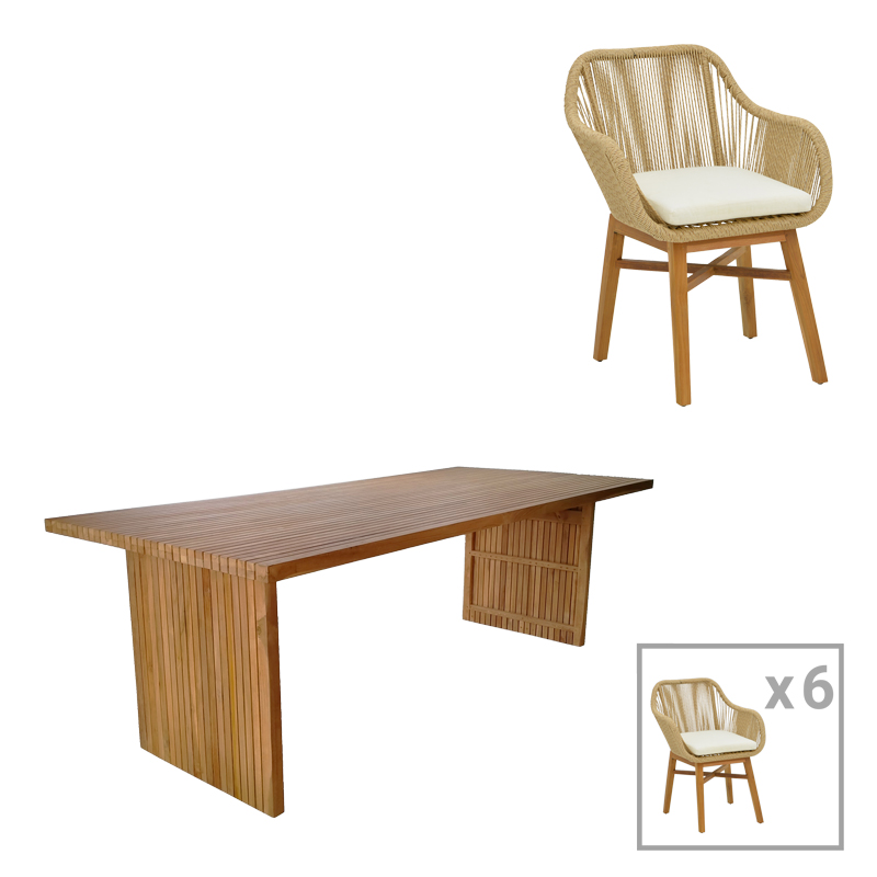 Τραπεζαρία Kalie-Zibra Pakoworld Σετ 7Τεμ Σε Φυσική-Μπεζ Απόχρωση 220X100X75Εκ