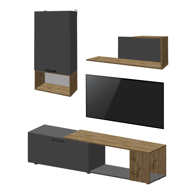 Σύνθετο Σαλονιού Poelfy Pakoworld Σε Ανθρακί-Oak Απόχρωση 170X37.5X42Εκ