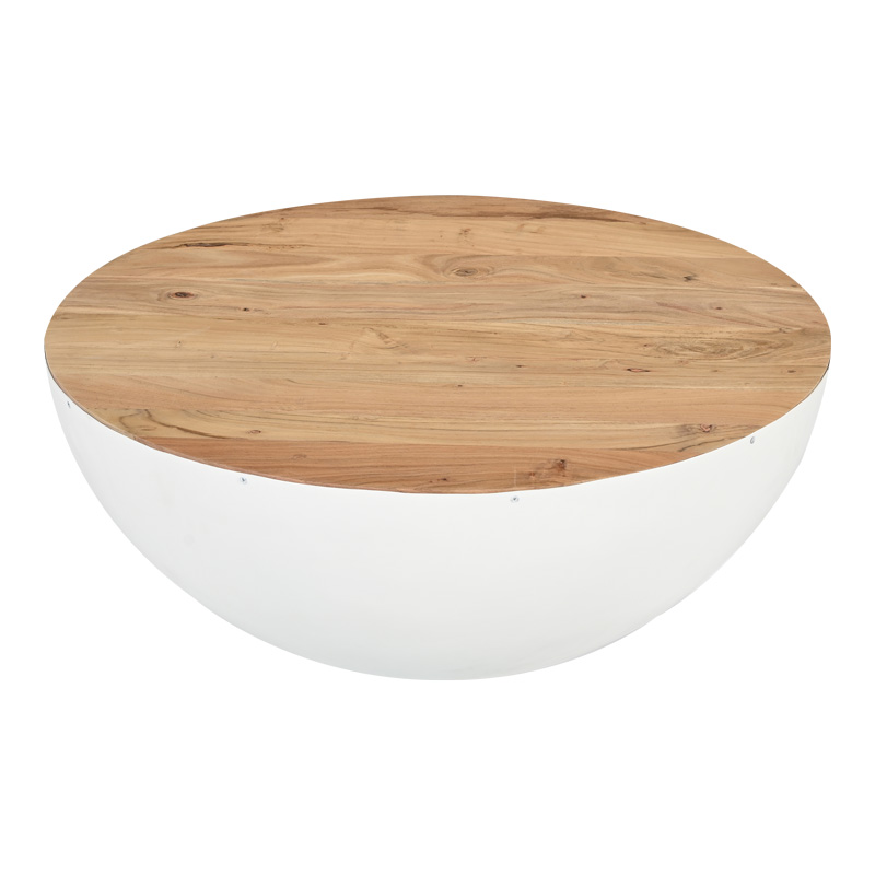 Τραπέζι Σαλονιού Coffelty Inart Μασίφ Ξύλο Ακακίας - Λευκό Μέταλλο Φ90X40Εκ