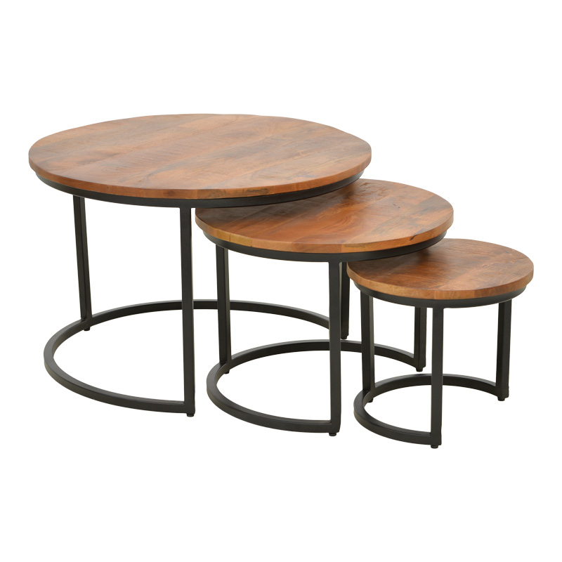 Τραπέζι Σαλονιού Frina Pakoworld Σετ 3Τεμ Mango Ξύλο Σε Καρυδί Απόχρωση Με Πόδι Μαύρο Μέταλλο