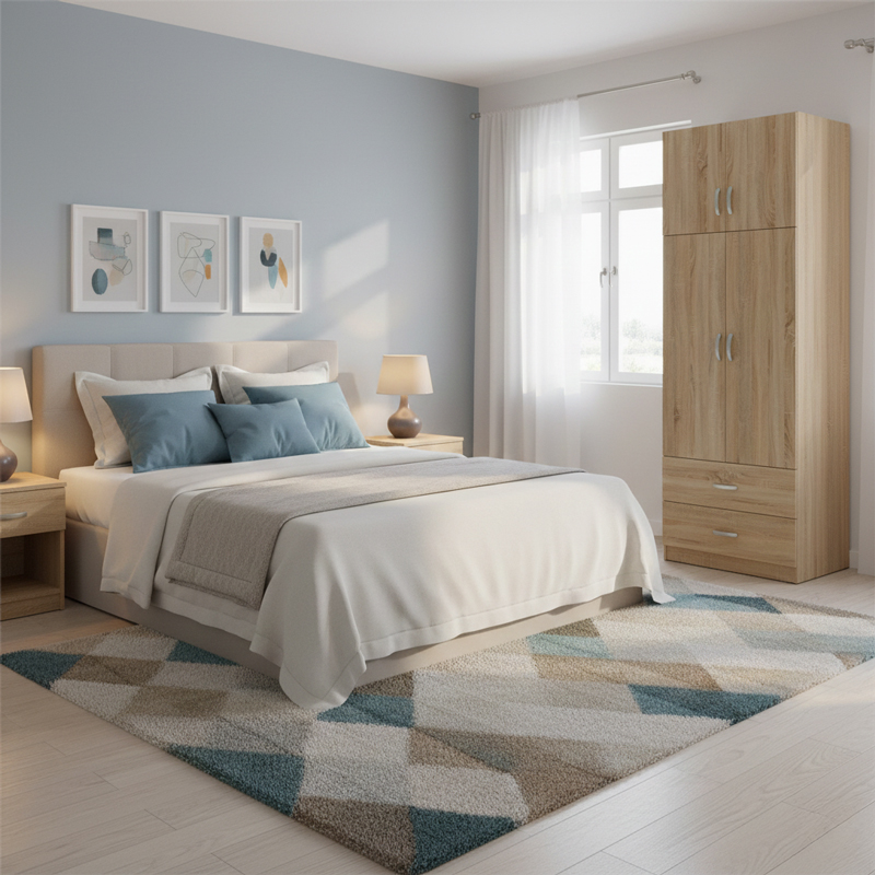 Ντουλάπα Δίφυλλη Με 2 Συρτάρια Και Πατάρι Athos Pakoworld Σε Oak Απόχρωση 80X42X240Εκ