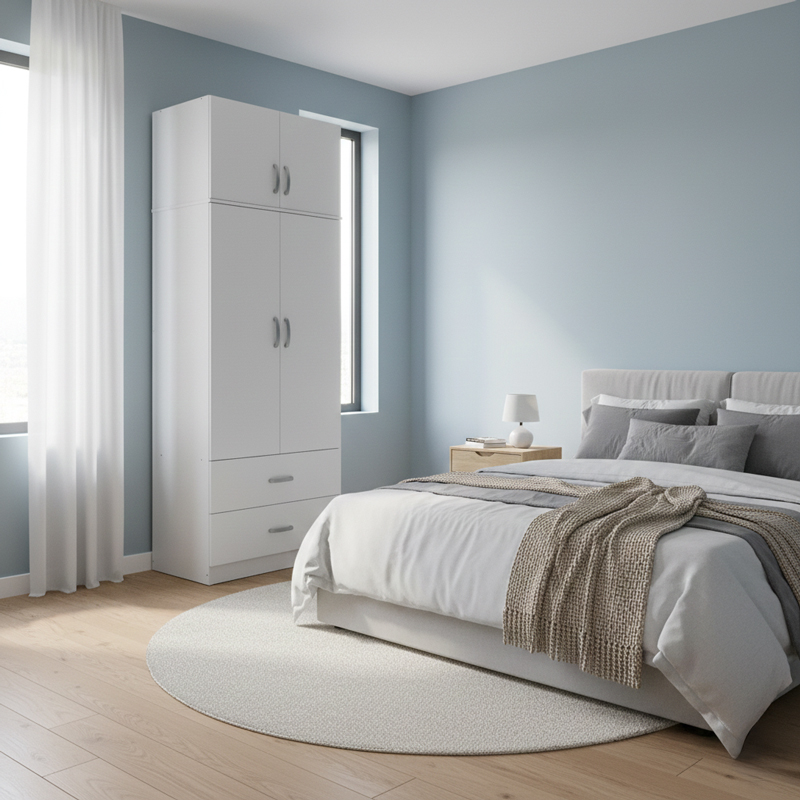 Ντουλάπα Δίφυλλη Με 2 Συρτάρια Και Πατάρι Athos Pakoworld Σε Λευκή Απόχρωση 80X42X240Εκ