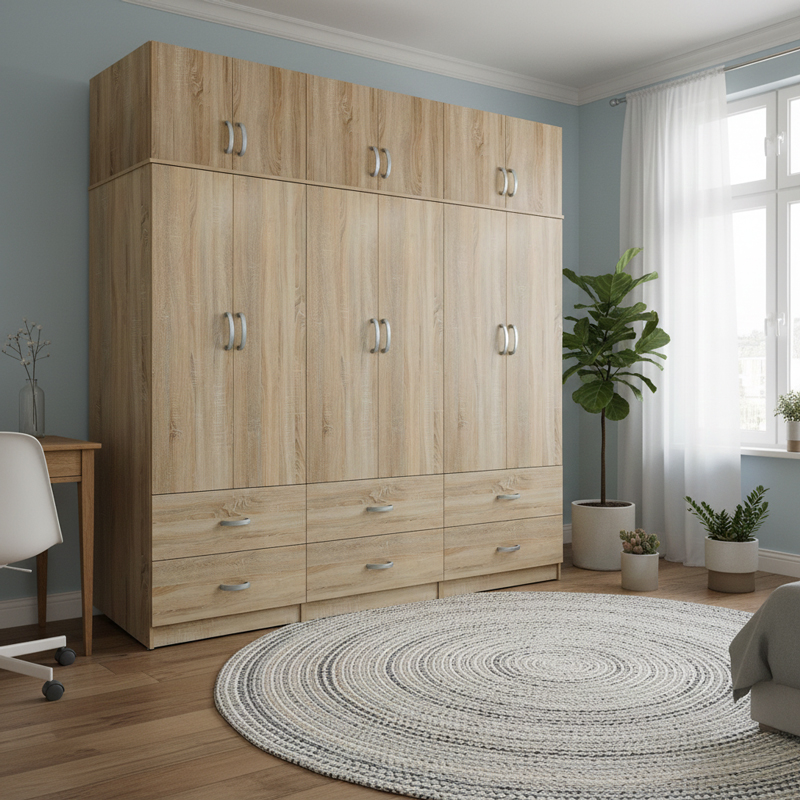 Ντουλάπα Εξάφυλλη Με Συρτάρια Και Πατάρι Athos Pakoworld Sonoma 240X42X240Εκ