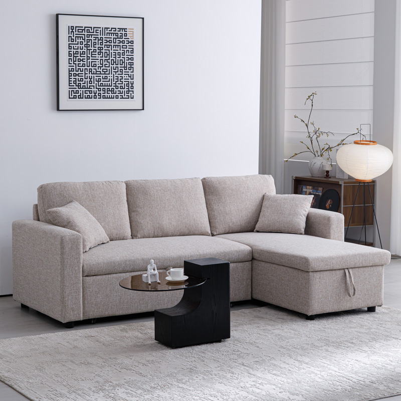 Γωνιακός Αναστρέψιμος Καναπές Κρεβάτι Kamore Pakoworld Με Αποθηκευτικό Χώρο Μπεζ Ύφασμα 223X146X85Εκ