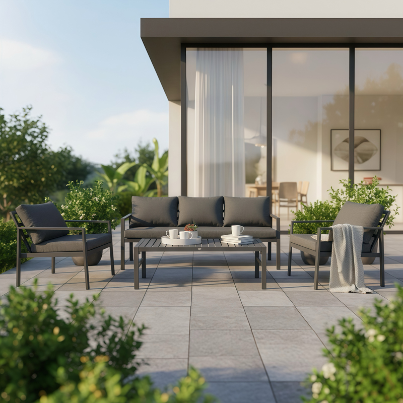 Σαλόνι Gardenly Ι Pakoworld Σετ 4Τμχ Αλουμίνιο Σε Ανθρακί Απόχρωση Με Ανθρακί Μαξιλάρια