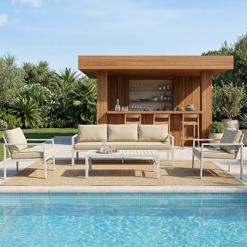 Σαλόνι Gardenly Ι Pakoworld Σετ 4Τμχ Αλουμίνιο Σε Λευκή Απόχρωση Με Γκρι-Μπεζ Μαξιλάρια