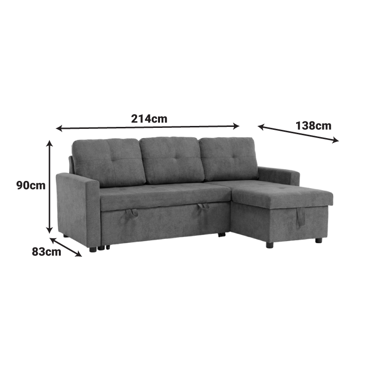 Γωνιακός Αναστρέψιμος Καναπές Κρεβάτι Napora Pakoworld Με Αποθηκευτικό Χώρο Ανθρακί Ύφασμα 214X83/138X90Εκ