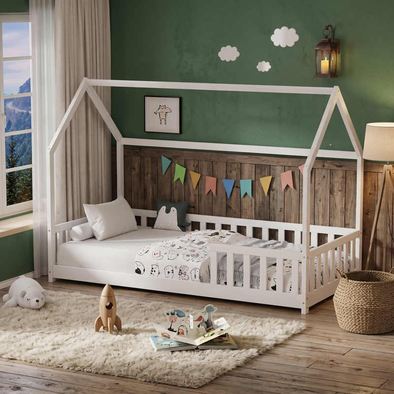 Παιδικό Κρεβάτι Bambie Με Κιγκλίδωμα Τ. Montessori Pakoworld Ξύλο Πεύκου Λευκό 70X140Εκ
