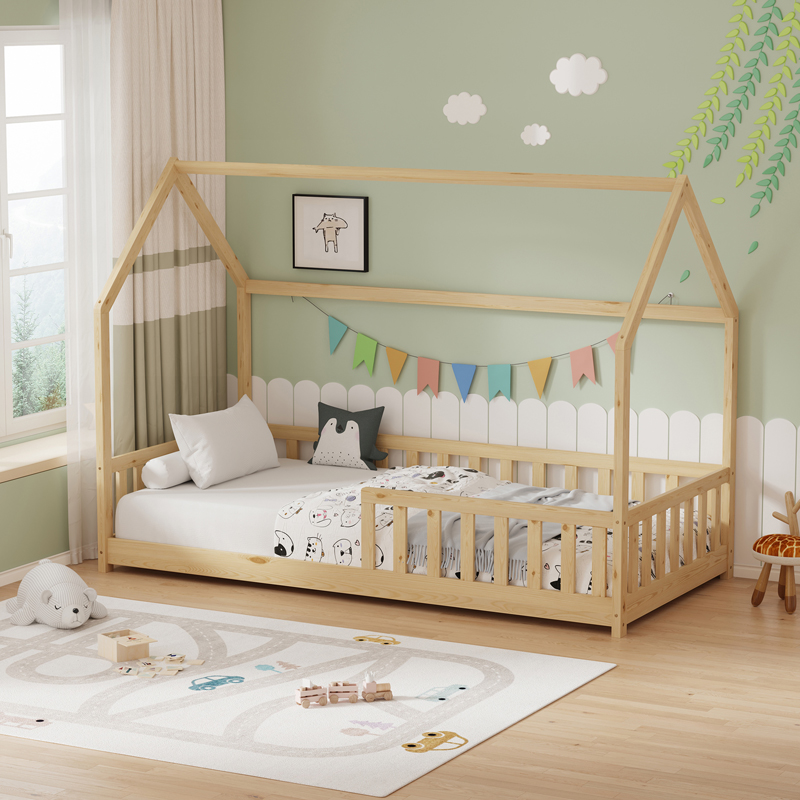 Παιδικό Κρεβάτι Bambie Με Κιγκλίδωμα Τ. Montessori Pakoworld Ξύλο Πεύκου Σε Φυσική Απόχρωση 90X190Εκ