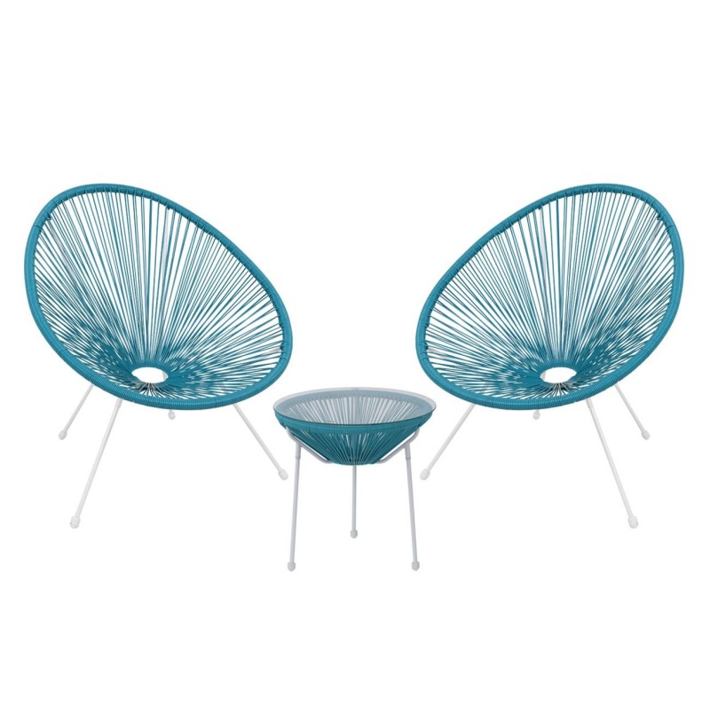 ACAPULCO Set Κήπου - Βεράντας: Τραπέζι + 2 Πολυθρόνες Μέταλλο Άσπρο / Rattan Μπλε