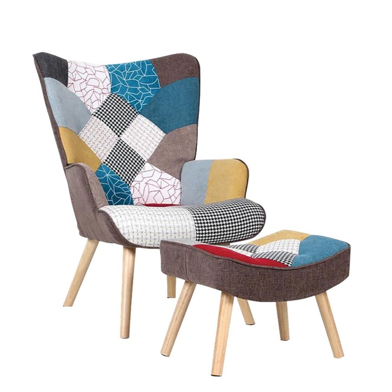 ALMA Πολυθρόνα - Μπερζέρα με Σκαμπό - Υποπόδιο Φυσικό Ύφασμα Patchwork, K/D
