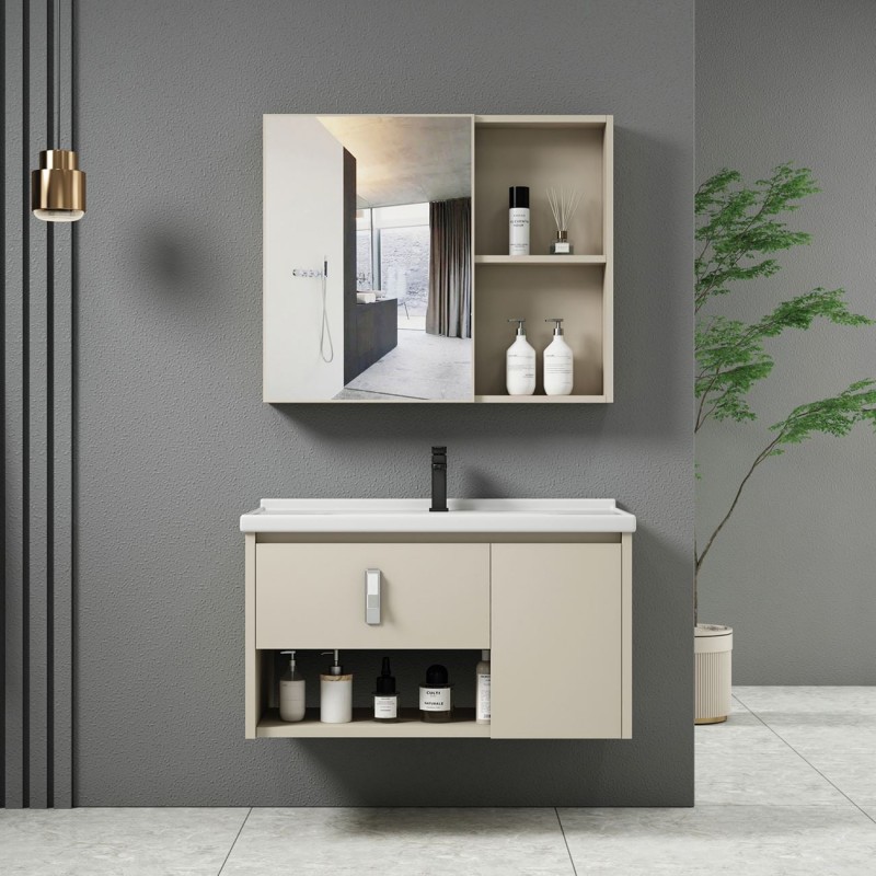 IDEA-2 Set Έπιπλο Μπάνιου Cream, Καθρέπτης + Πάγκος με Νιπτήρα και Μπαταρία