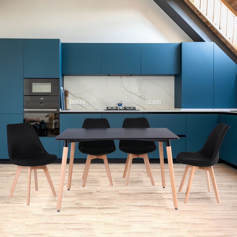 MARTIN Set Τραπεζαρία: Τραπέζι + 4 Καρέκλες, MDF Μαύρο - Οξιά Φυσικό, Ύφασμα Μαύρο