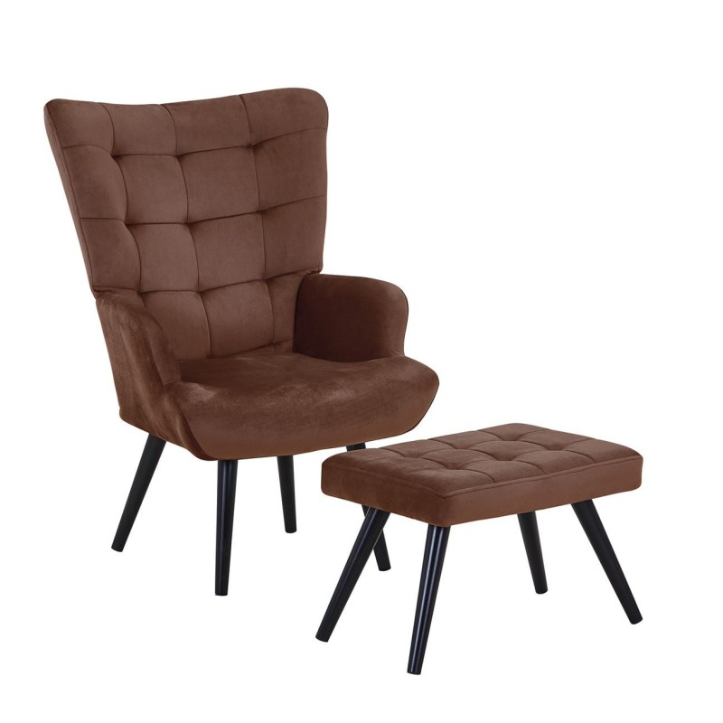 LOBBY Πολυθρόνα - Μπερζέρα με Σκαμπό - Υποπόδιο, Μέταλλο Μαύρο, Ύφασμα Velure Καφέ