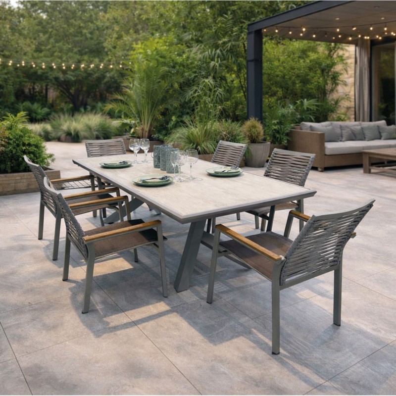 SIERRA Set Τραπεζαρία: Τραπέζι +6 Πολυθρόνες, Αλουμίνιο Γκρι, Επιφάνεια PSP White Oak