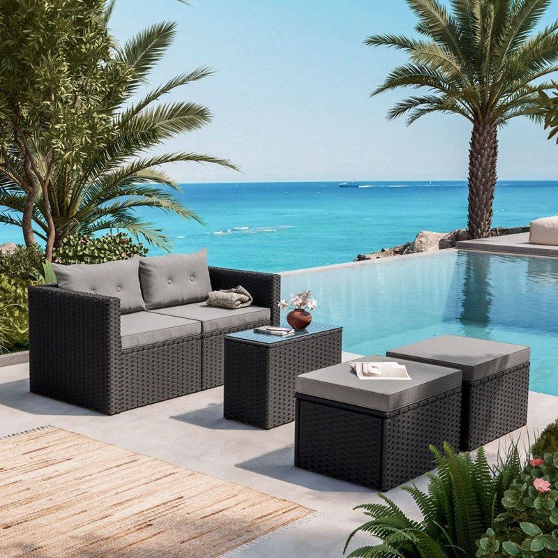 JAKARTA Set Σαλόνι Κήπου K/D, Πολυμορφικό 5τ, Μέταλλο-Wicker Μαύρο, Μαξιλάρια Γκρι