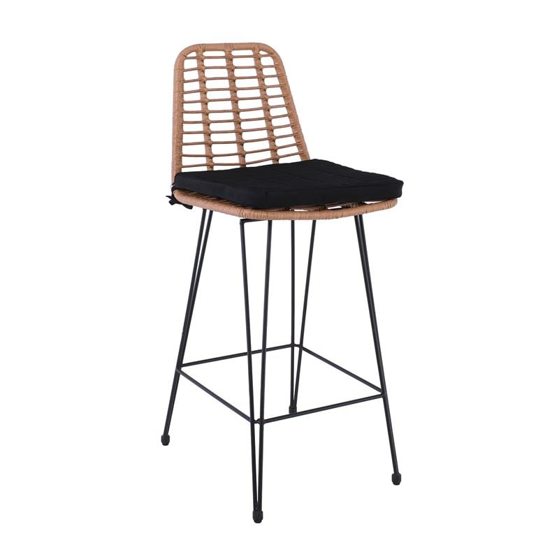 SALSA Σκαμπό BAR-Pro με Πλάτη, Μέταλλο Βαφή Μαύρο - Wicker Φυσικό, με Μαξιλάρι Μαύρο