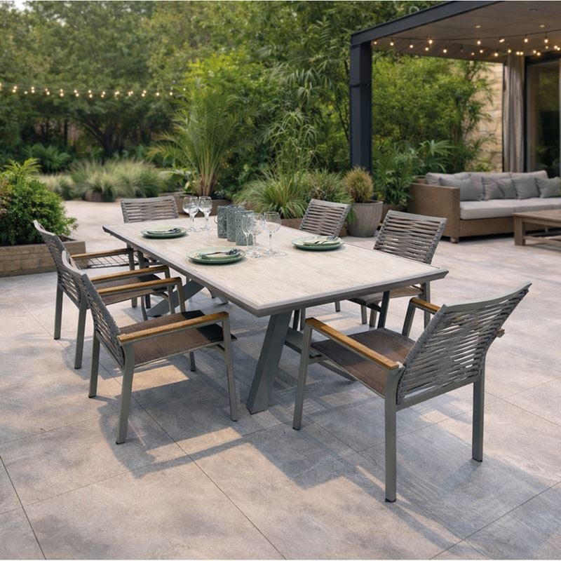 SIERRA Set Τραπεζαρία: Τραπέζι +6 Πολυθρόνες, Αλουμίνιο Γκρι, Επιφάνεια PSP White Oak