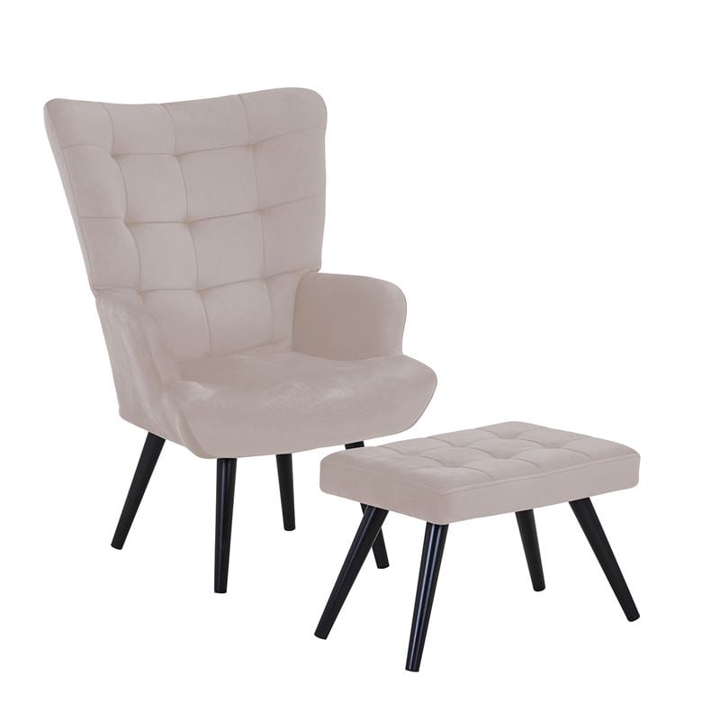 LOBBY Πολυθρόνα - Μπερζέρα με Σκαμπό - Υποπόδιο, Μέταλλο Μαύρο, Ύφασμα Velure Μπεζ