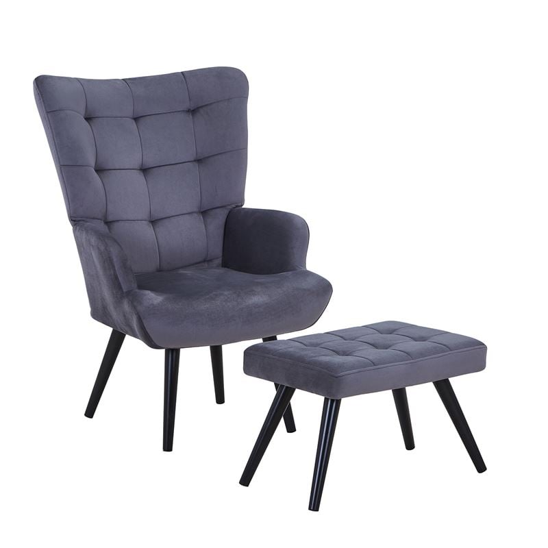 LOBBY Πολυθρόνα - Μπερζέρα με Σκαμπό - Υποπόδιο, Μέταλλο Μαύρο, Ύφασμα Velure Σκ.Γκρι