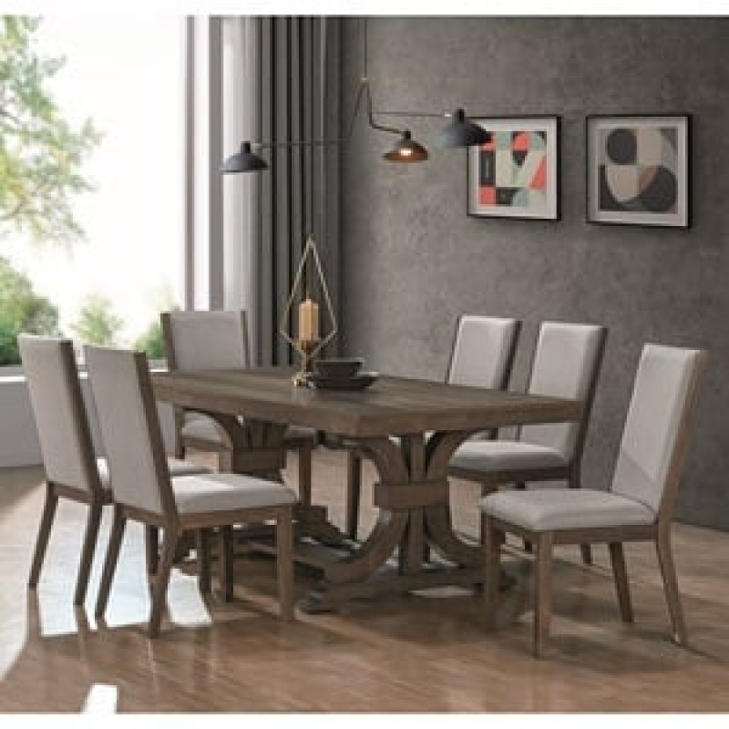 KING Set Τραπεζαρία Ξύλινη Σαλονιού: Τραπέζι+6 Καρέκλες, Antique Grey Walnut, Ύφ.Γκρι Κωδικός: [Ε-00026283] Ε7705,S ΔΙΑΣΤΑΣΕΙΣ Table200x100x75-Chair65x51x100