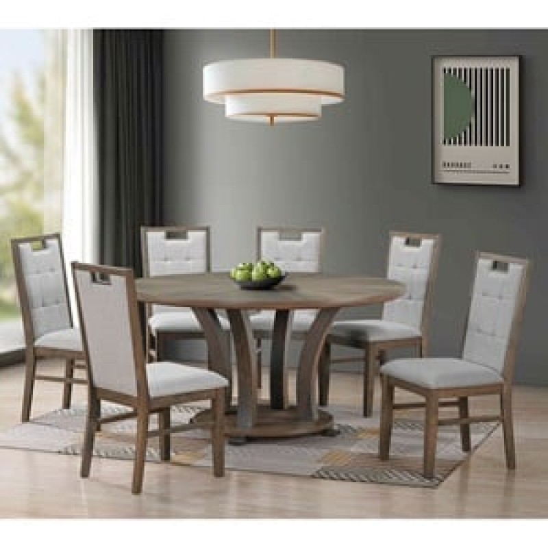 GORDON Set Τραπεζαρία Ξύλινη Σαλονιού: Τραπέζι+6 Καρέκλες, Antique Grey Walnut, Ύφ.Γκρι Κωδικός: [Ε-00026285] Ε7707,S ΔΙΑΣΤΑΣΕΙΣ Table Φ150x78 -Chair 55x48x100