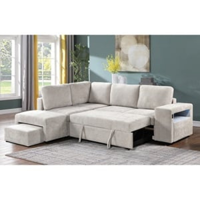 FLEXY Καναπές Δεξιά Γωνία - Κρεβάτι, με Χώρους Αποθήκευσης φωτιζόμενο, Ύφασμα Μπεζ Κωδικός: [Ε-00026322] Ε9503,1 ΔΙΑΣΤΑΣΕΙΣ 250x202x87cm H.91cm