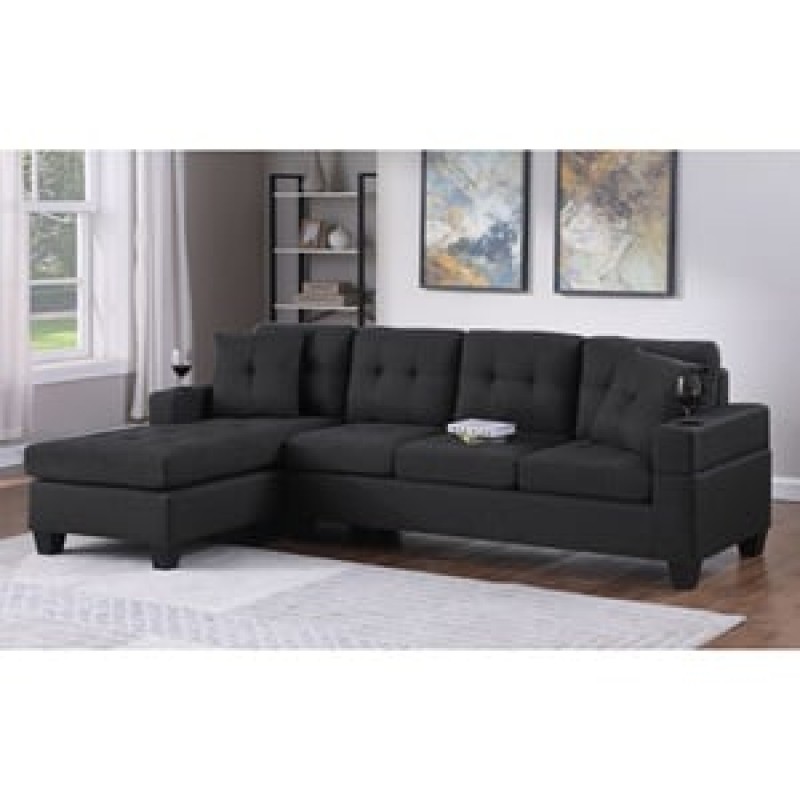 JORDAN Καναπές Σαλονιού Γωνία Αναστρέψιμος, Ύφασμα Μαύρο, Μπράτσα με ποτηροθήκες Κωδικός: [Ε-00026442] Ε9507,1 ΔΙΑΣΤΑΣΕΙΣ 245x146x76cm H.86cm