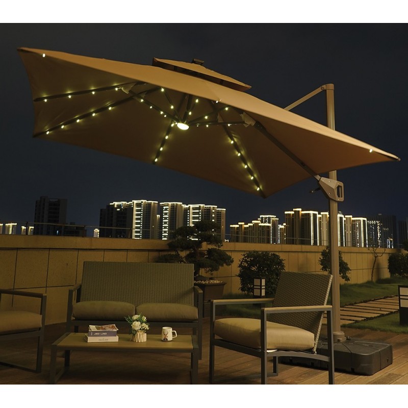 Γωνιακή Τετράγωνη Ομπρέλα 300 x 300 ,Περιστρεφόμενη 360 , Με Αλουμίνιο Κορμό Πετάλι Ασφαλείας ,Μεγάλο Αεραγωγό Και Φωτισμό Led Με Ηλιακό Πάνελ Κωδικός: 251461
