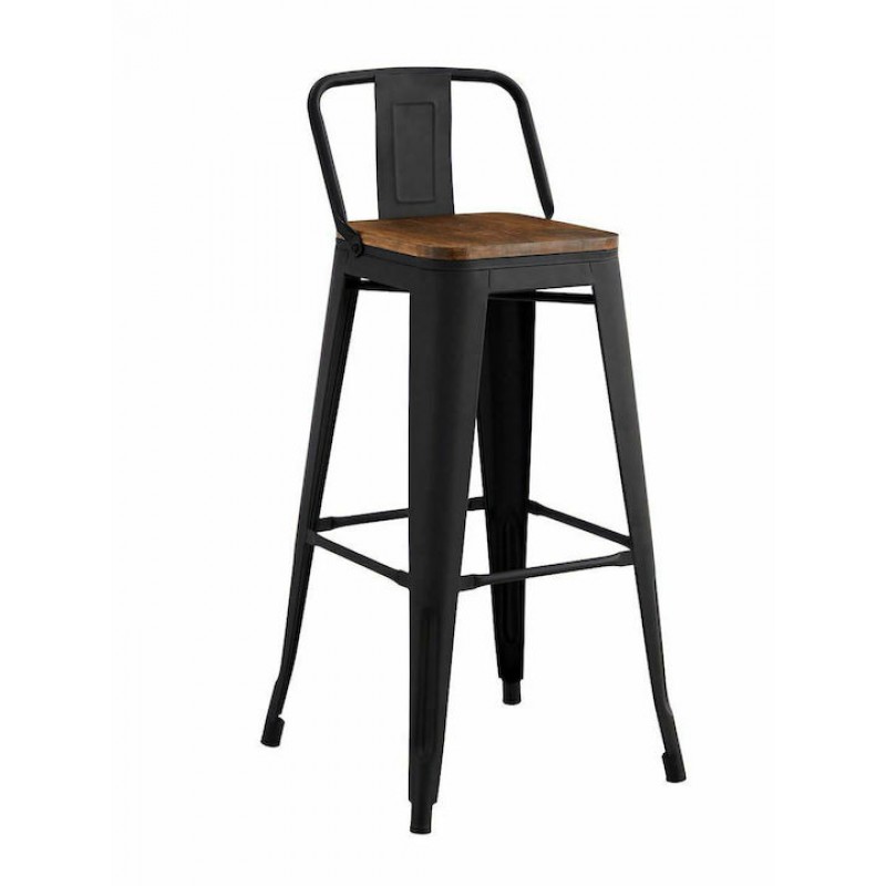 RELIX Wood Σκαμπό Bar με Πλάτη,Μέταλλο Βαφή Μαύρο Extra Matte, Απόχρωση Ξύλου Dark Oak Κωδικός: [Ε-00023970] Ε5208,1ΜW