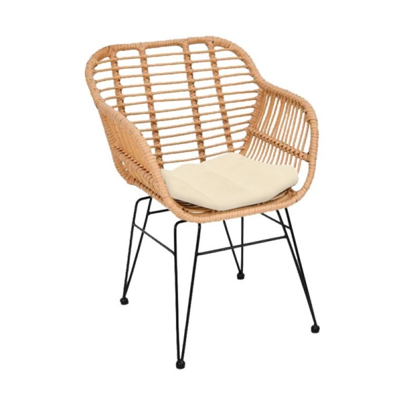 SALSA-W Πολυθρόνα Τραπεζαρίας Κήπου, Μέταλλο Βαφή Μαύρο, Wicker Φυσικό, Μαξιλάρι Εκρού Κωδικός: [Ε-00021714] Ε282,Κ2 ΔΙΑΣΤΑΣΕΙΣ 55x56x82cm