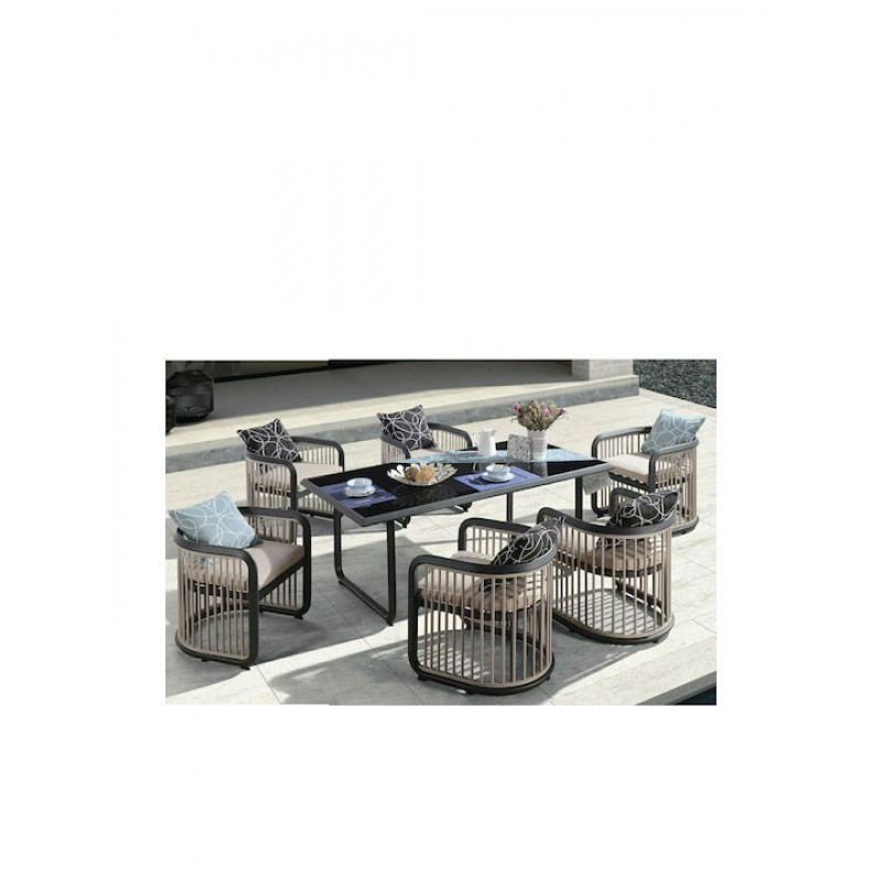 CITY Dining Set Τραπεζαρία Κήπου Βεράντας: Τραπέζι + 6 Πολυθρόνες Alu Ανθρακί - Μπεζ Κωδικός: [Ε-00020352] Ε6735