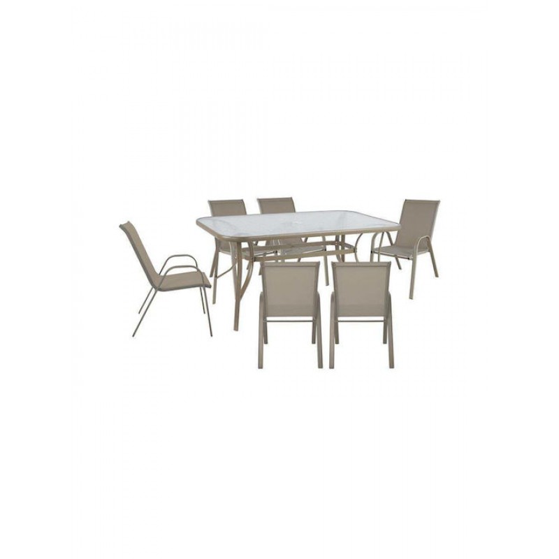 RIO Set Τραπεζαρία Κήπου Μέταλλο Βαφή Μπεζ, Textilene Μπεζ: Τραπέζι + 6 Πολυθρόνες Κωδικός: [Ε-00026149] Ε250,82