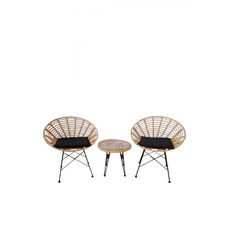 SALSA Coral Coffee Set Κήπου Μέταλλο Μαύρο - Γυαλί - Wicker Φυσικό: Τραπεζάκι+2 Πολυθρόνες Κωδικός: [Ε-00021998] Ε283,S